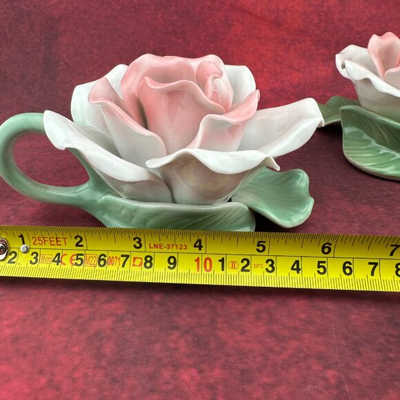 CAPODIMONTE PALE PINK ROSE VINTAGE CANDLE HOLDER SITTING GREEN STEM, SET of 2 - Picture 7 of 8